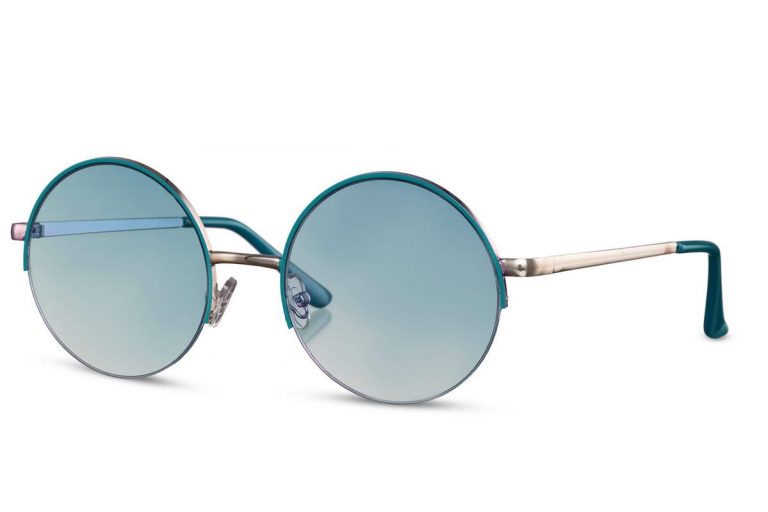 Lunettes de soleil rondes avec monture turquoise et verres dégradés.